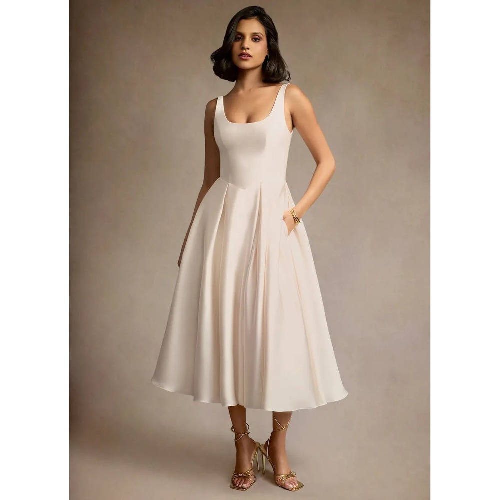 Azazie Atelier Olivia Dress Womens 24 Cream Pleated Midi Wedding Guest Cocktail